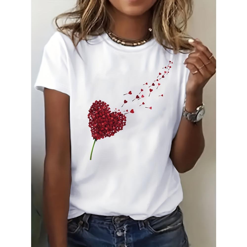 

Spring and summer short sleeved shirt, comfortable women s heart-shaped printed T-shirt, casual round neck aesthetic clothing XL