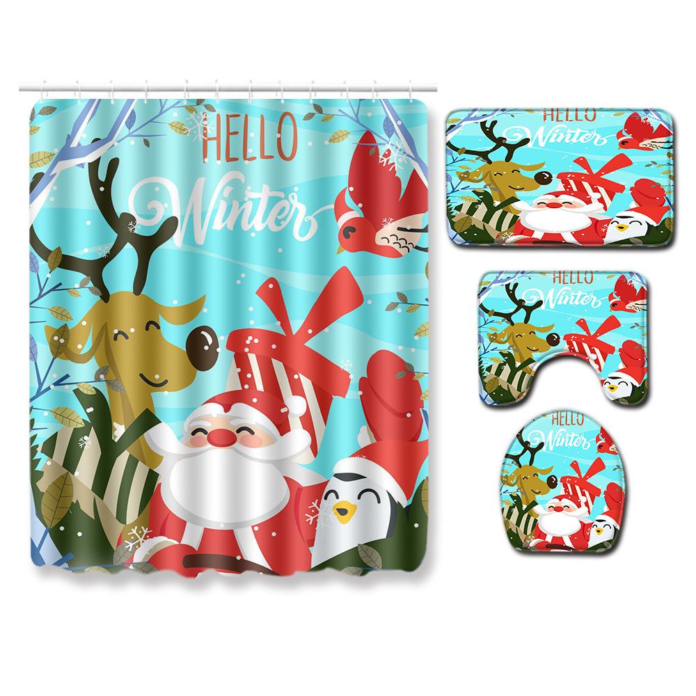 Christmas Shower Curtain Floor Mat Combination Four-Piece Set Bathroom Toilet Carpet Shower Room Mat Foot Mat