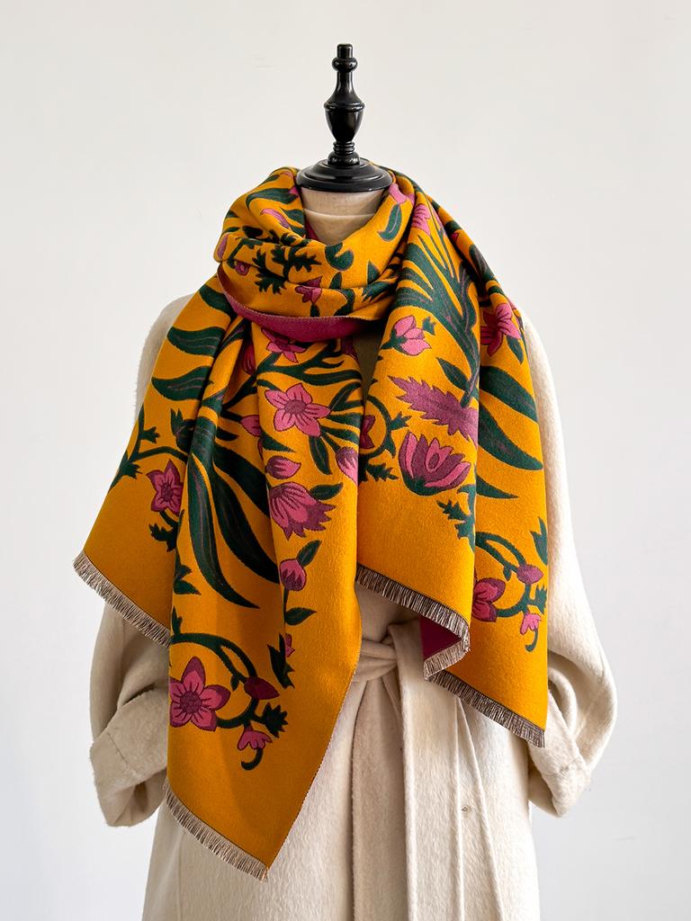  Winter New: Elegant Women's Pattern Scarf, Thick Faux Pashmina Double - Sided Shawls, Warm Foulard Female Blanket Wraps