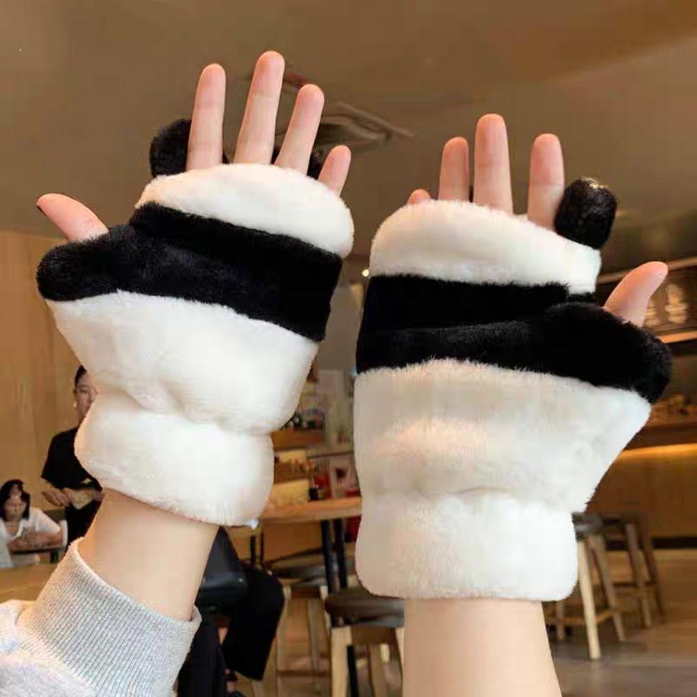 Korean Style Half Finger Gloves  Winter Velvet Mittens Soft Panda Plush Gloves  Girl