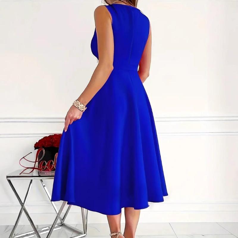 Women Sleeveless V Neck Solid High Waist Midi Casual Evening Dress