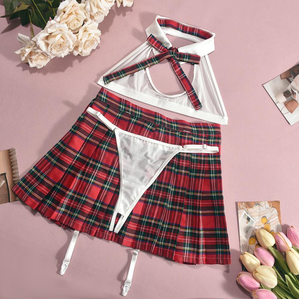 Teacher Cosplay Lingerie Sheer Halter Bra Plaid Skirt See Through Intimate Goods Sissy Erotic Crotchless Briefs Outfits