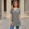 Women's Fashion Casual Short Sleeve Button V-Neck With Pocket Long Top