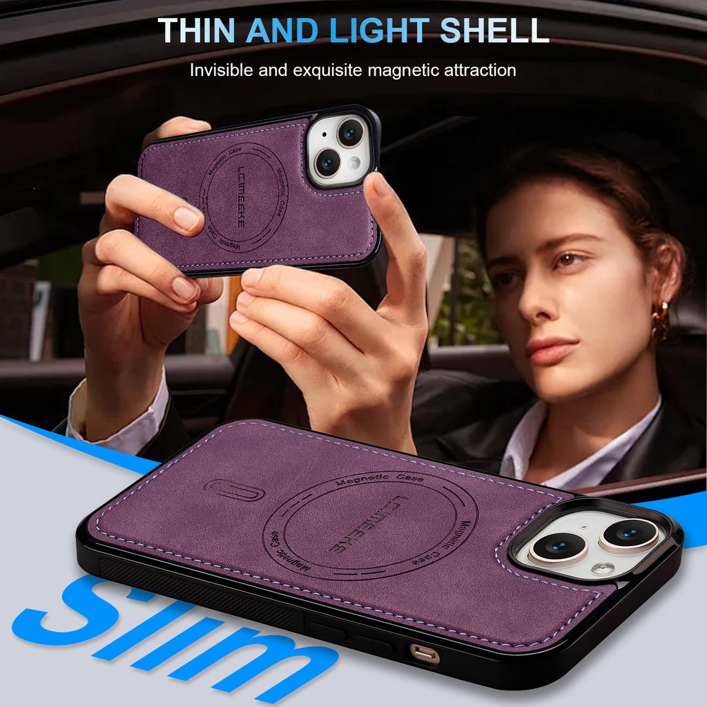 LC.IMEEKE L6 For iPhone 15 Plus/14 Plus Case PU Leather Coated PC TPU Phone Cover Compatible with MagSafe