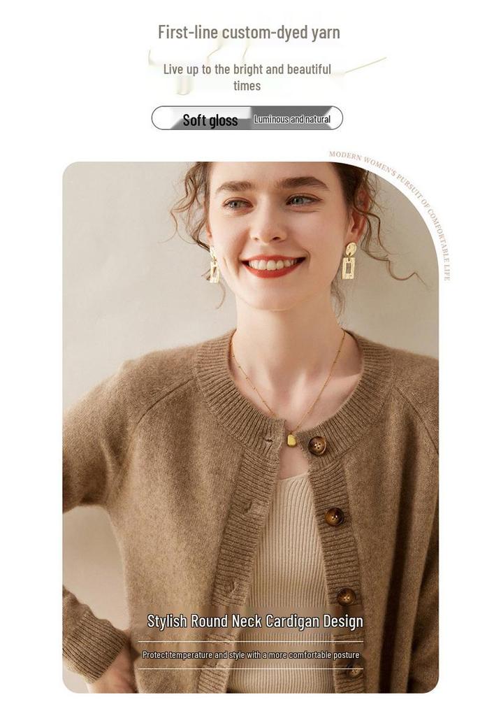 Women's Long Sleeve Korean Style Cashmere Cardigan - Thick Crew Neck, Loose Fit, Slimming Raglan Sweater