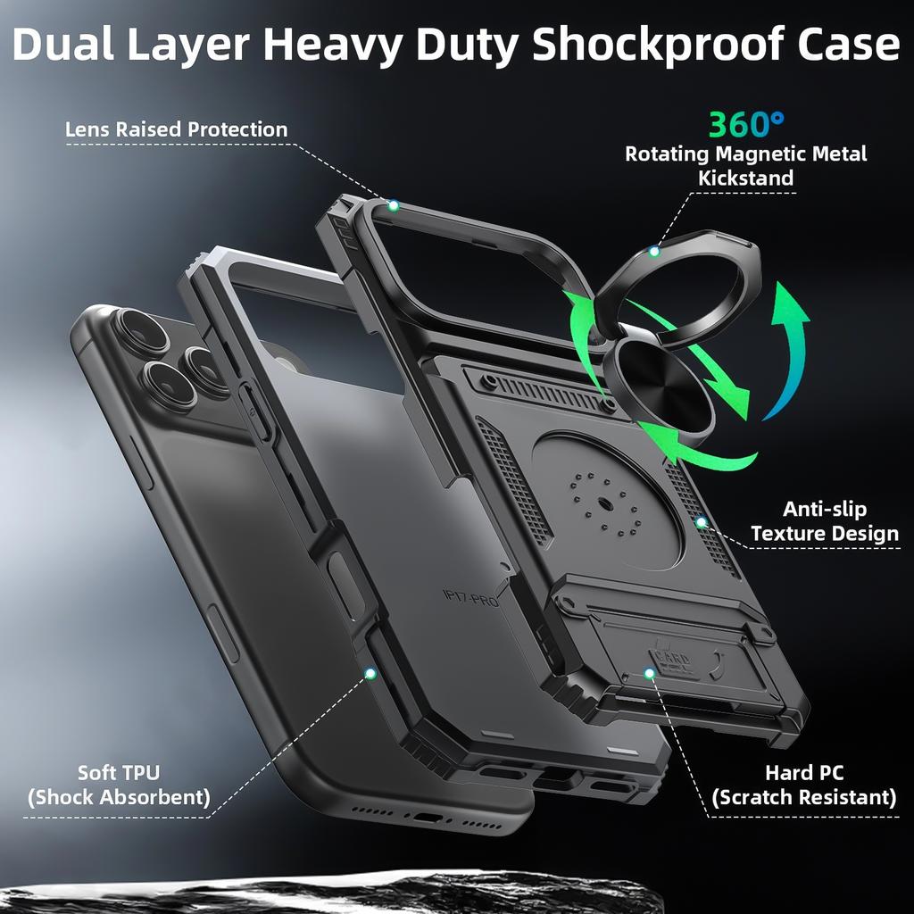Militärpanzer Anti-Fall Schutzhülle für iPhone 17 Pro Max Air 14 15 Plus 13 16 Pro Magnetischer Ringständer Kartenfach Handyhülle