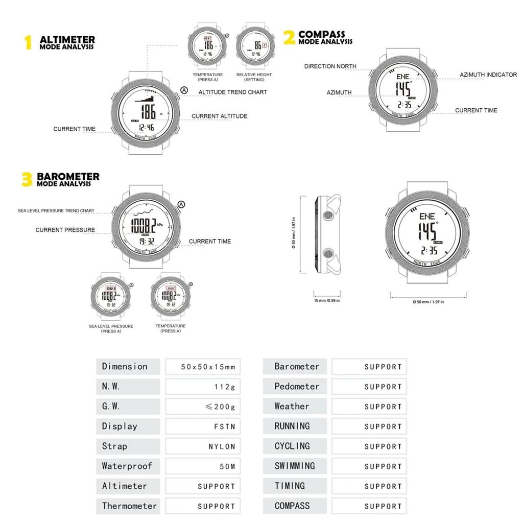 NORTH EDGE Men's Sport Digital Watch Running Swimming Military Army Watches Altimeter Barometer Compass Waterproof 50m Wristband