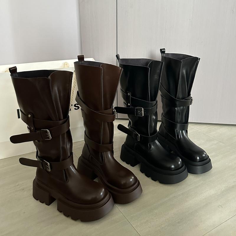 Thick-soled high boots children's 2025 new autumn and winter retro but knee belt buckle long boots slim knight boots