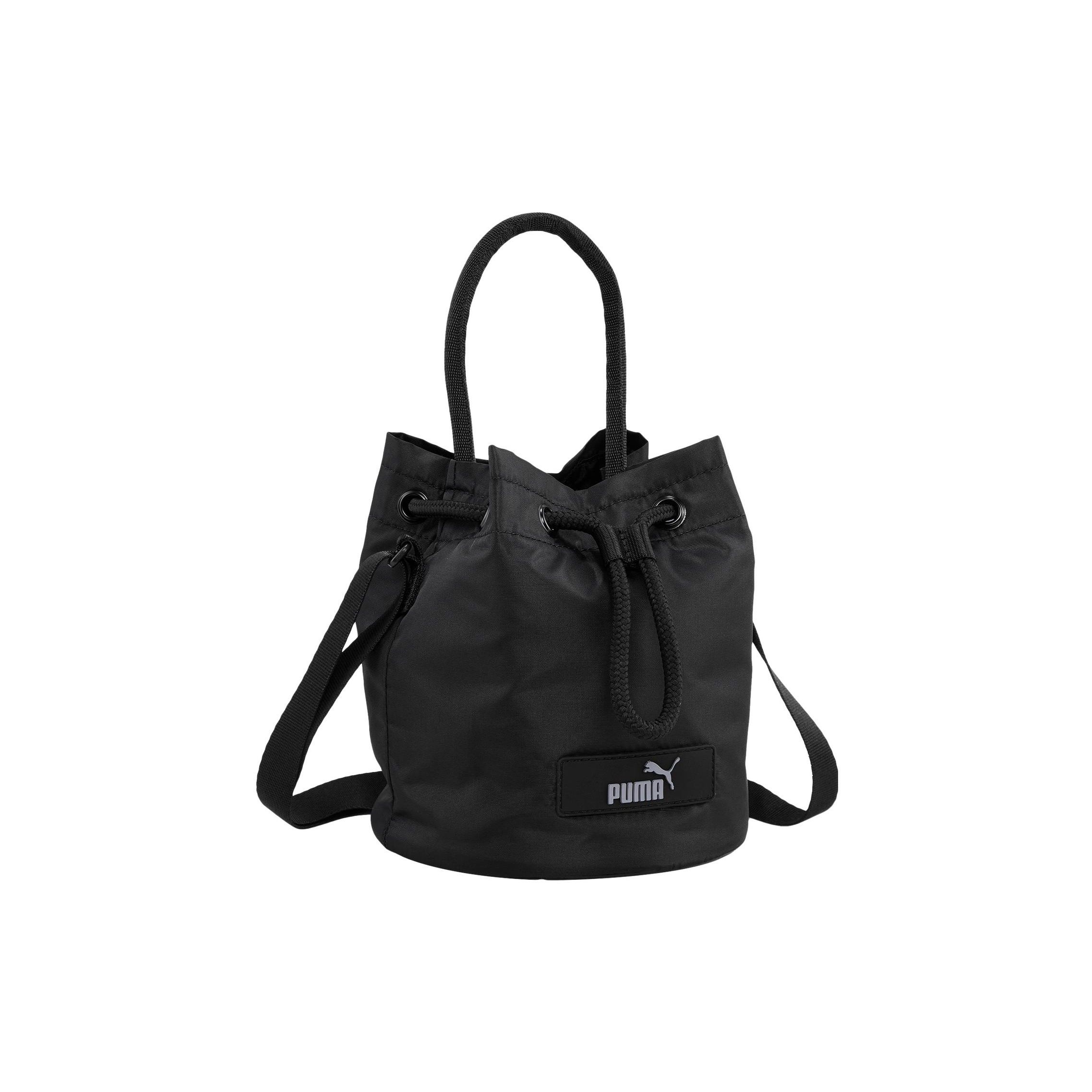 Puma Classic Stylish Logo Tag Drawstring Closure Adjustable Long Shoulder Strap Fabric Bucket Bag Women Shoulder Bag Black 079858-01 One Size