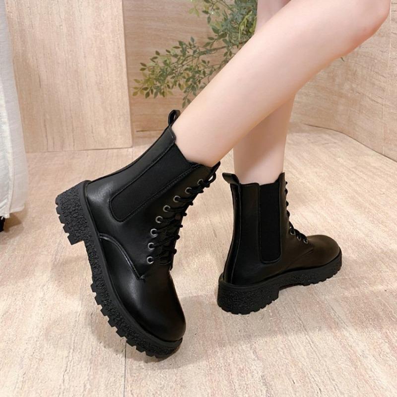 Medium tube black Martin boots new thick-soled leather women's boots versatile thin boots