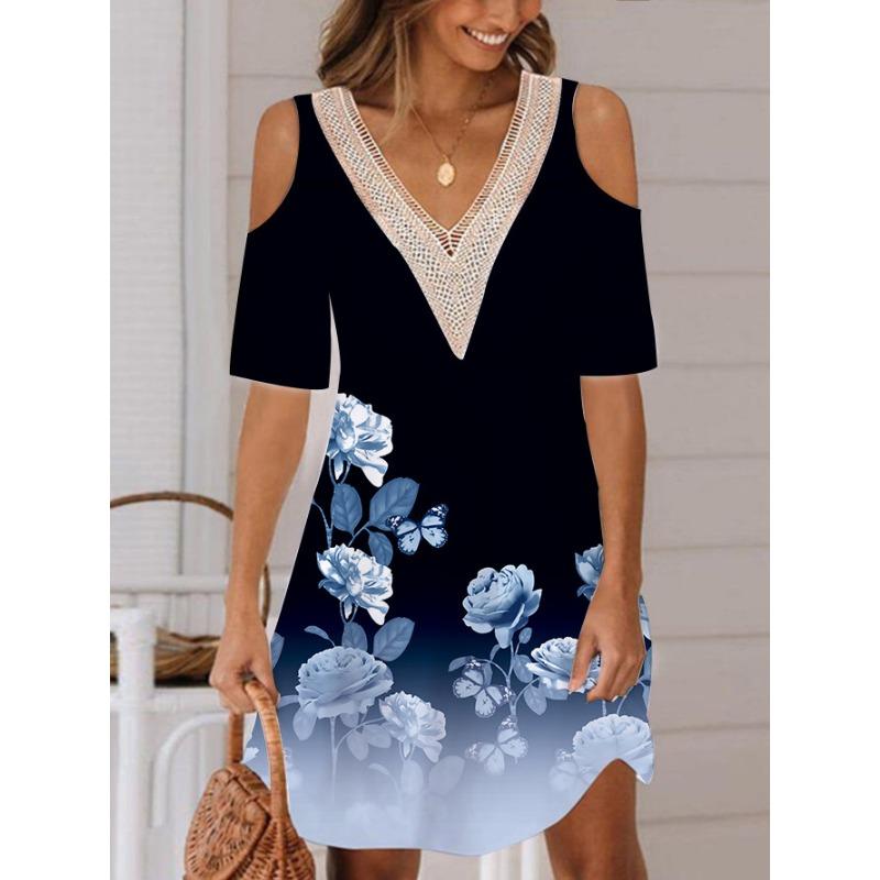 Dámská móda Léto Jaro Květinový potisk 1/2 rukávy Výstřih do V Volný pas Šaty pro volný čas