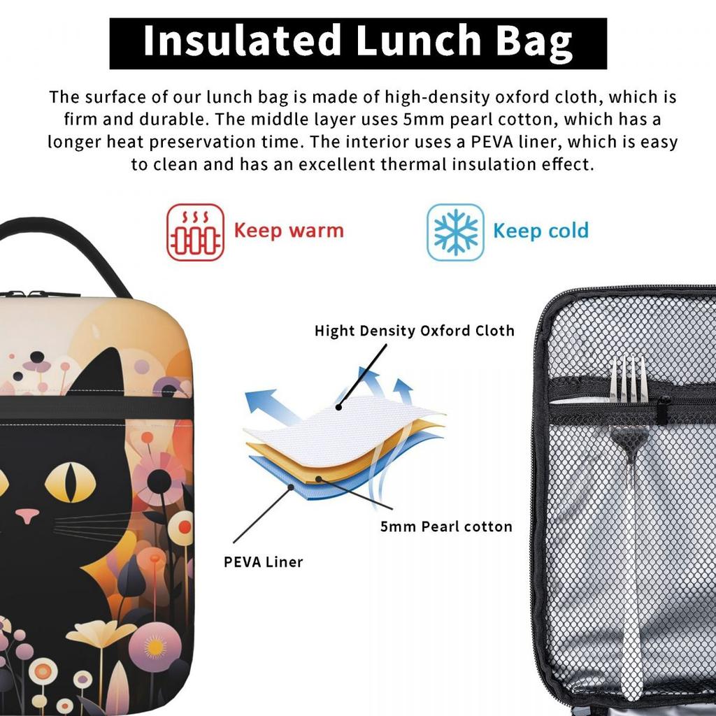 Black Cat In Flower Bushes Insulated Lunch Bag for Kids School Cooler Thermal Food Box Tote Portable Lunch Boxes Container