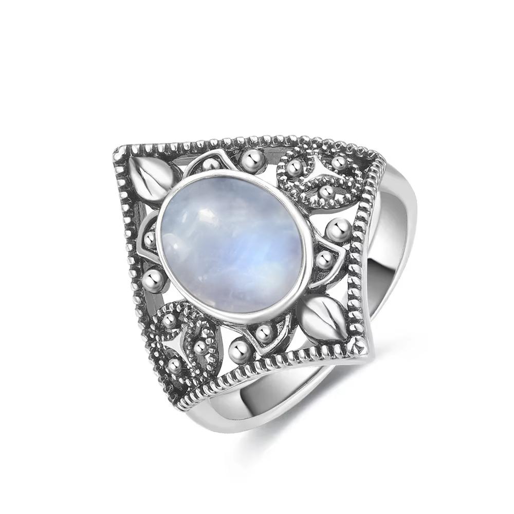 Vintage 925 Sterling Silver Natural Moonstone Rings Bohemia Oval Shape Retro Ring Gifts Fine Jewelry for Women Men