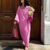 LYRIA Casual Loose Pink Cotton Dress Ladies Fashion Lapel Long Sleeve Ankle Length Dress Elegant Lace-Up Dresses For Women