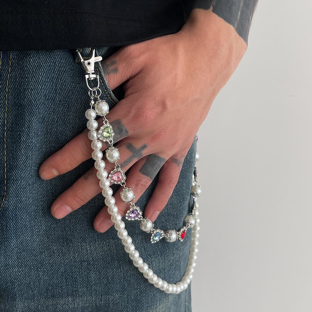 Design Imitation Pearl Flower Chain Trouser Chain, Hip-Hop Color Diamond-Encrusted Cross Waist Chain Pendant