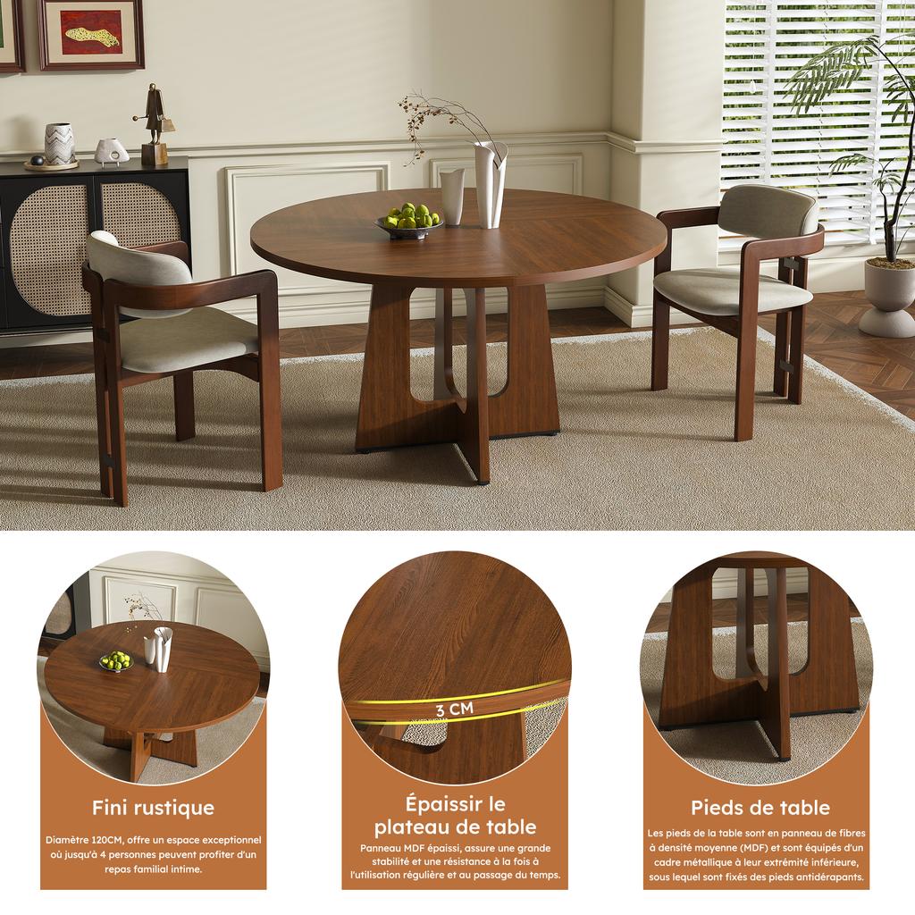 Modular Round Dining Table, 120 Cm Diameter, 76 Cm Height, MDF with Walnut Veneer, Space for 4 People – for Dining Room, Kitchen and Living Room