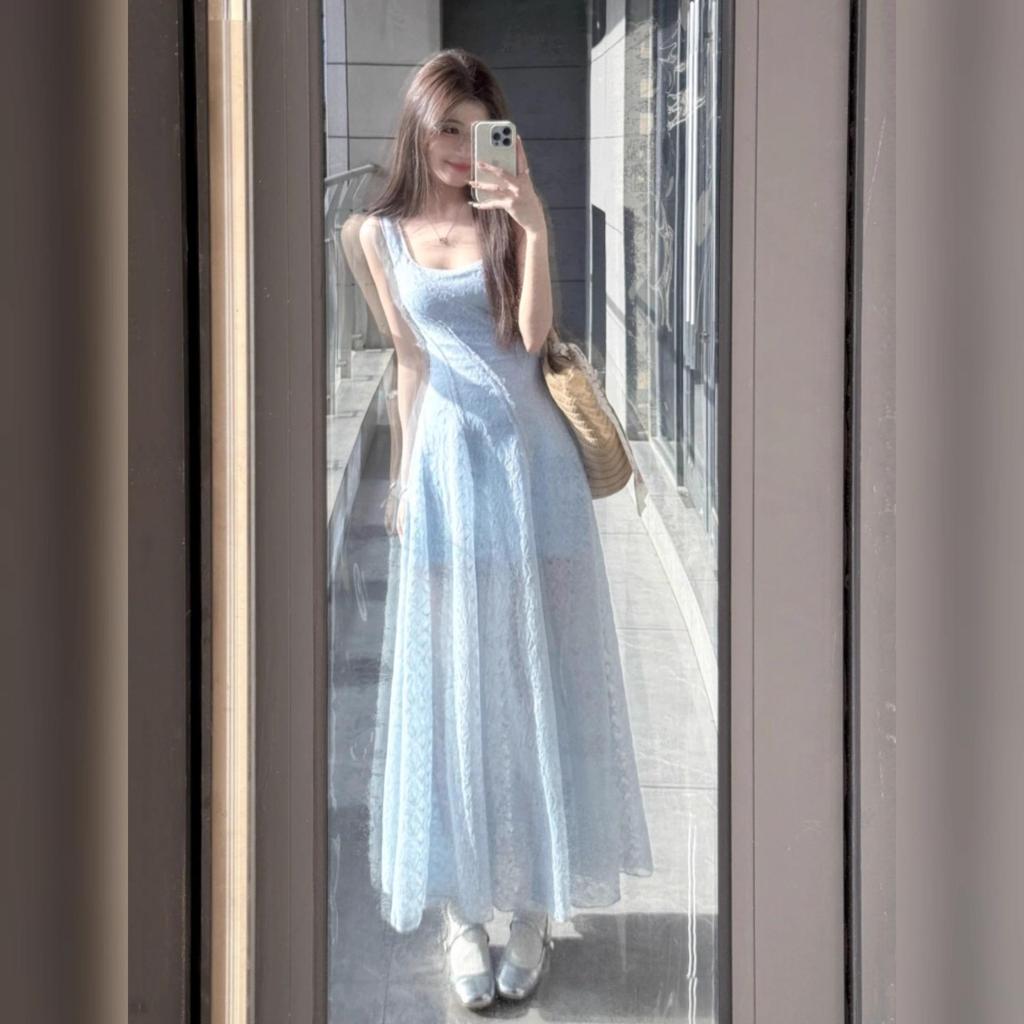 French Blue Square-Neck Spaghetti Strap Summer Dress for Women - Slim Waist, Gentle Fluffy Long Style