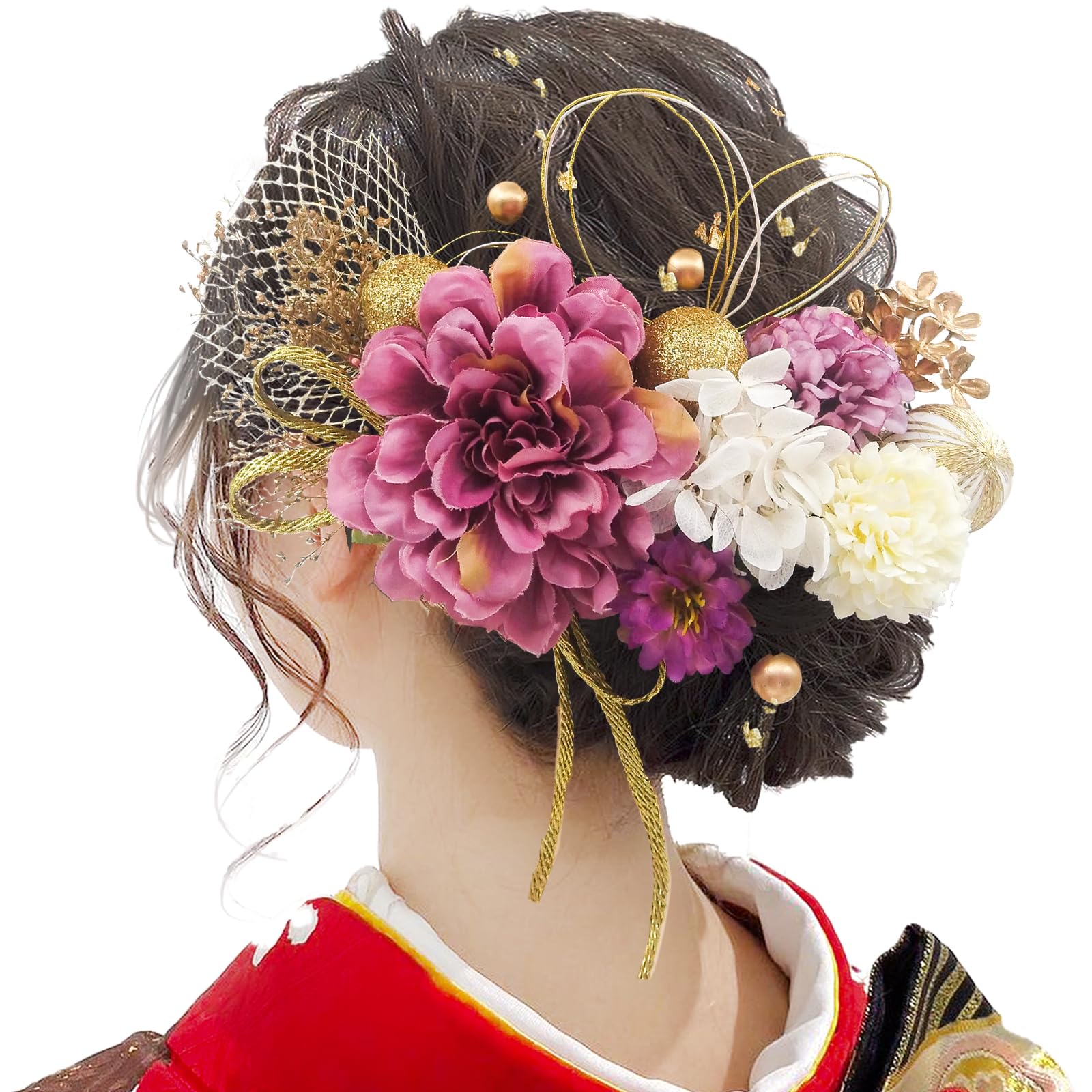 

[JZOON] 10 Colors Available, 23-Piece Set: Dried Flower Hair Ornament, Dahlia, Artificial Flower Ornament, Japanese Ball, Red Hair Accessory, Gold