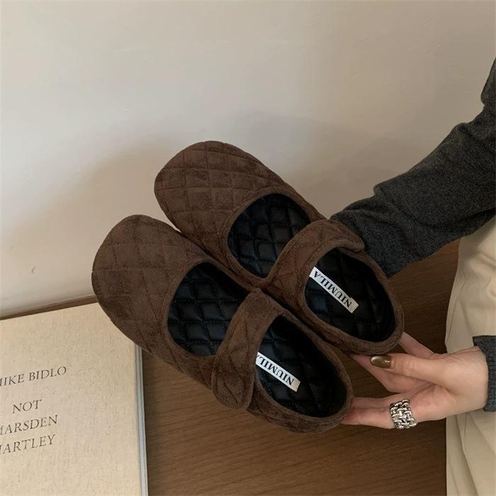 Vintage Suede Rhombus Velcro Shallow Mouth Mary Jane Shoes Night Breeze Gentle Soft Sole Versatile Lazy Bread Single Shoes