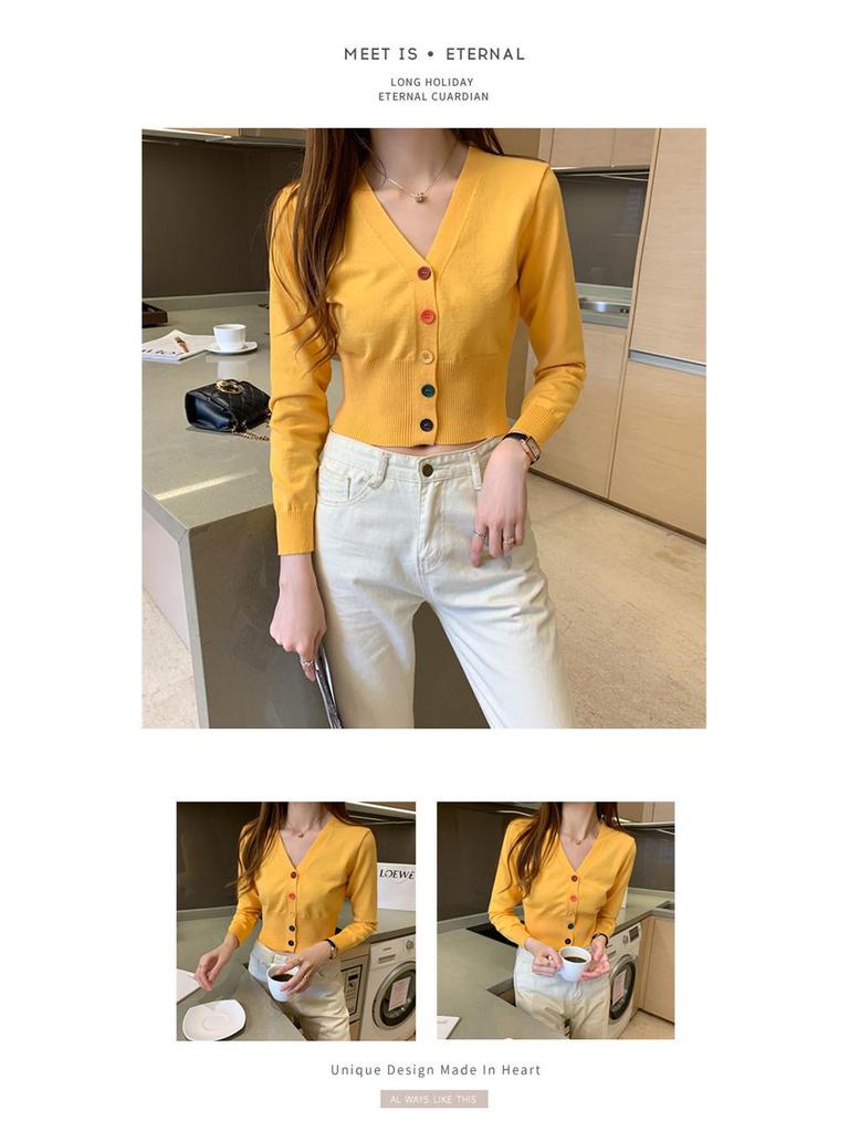 Women's Long Sleeve Slim Knit Cardigan with Colorful Buttons