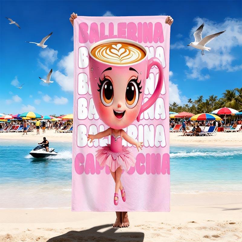 Kawaii Ballerina Coffee Cup Microfiber Beach Towel Pink Quick Dry Soft Absorbent Bath Towel for Kids Girls Summer Pool 40X60CM