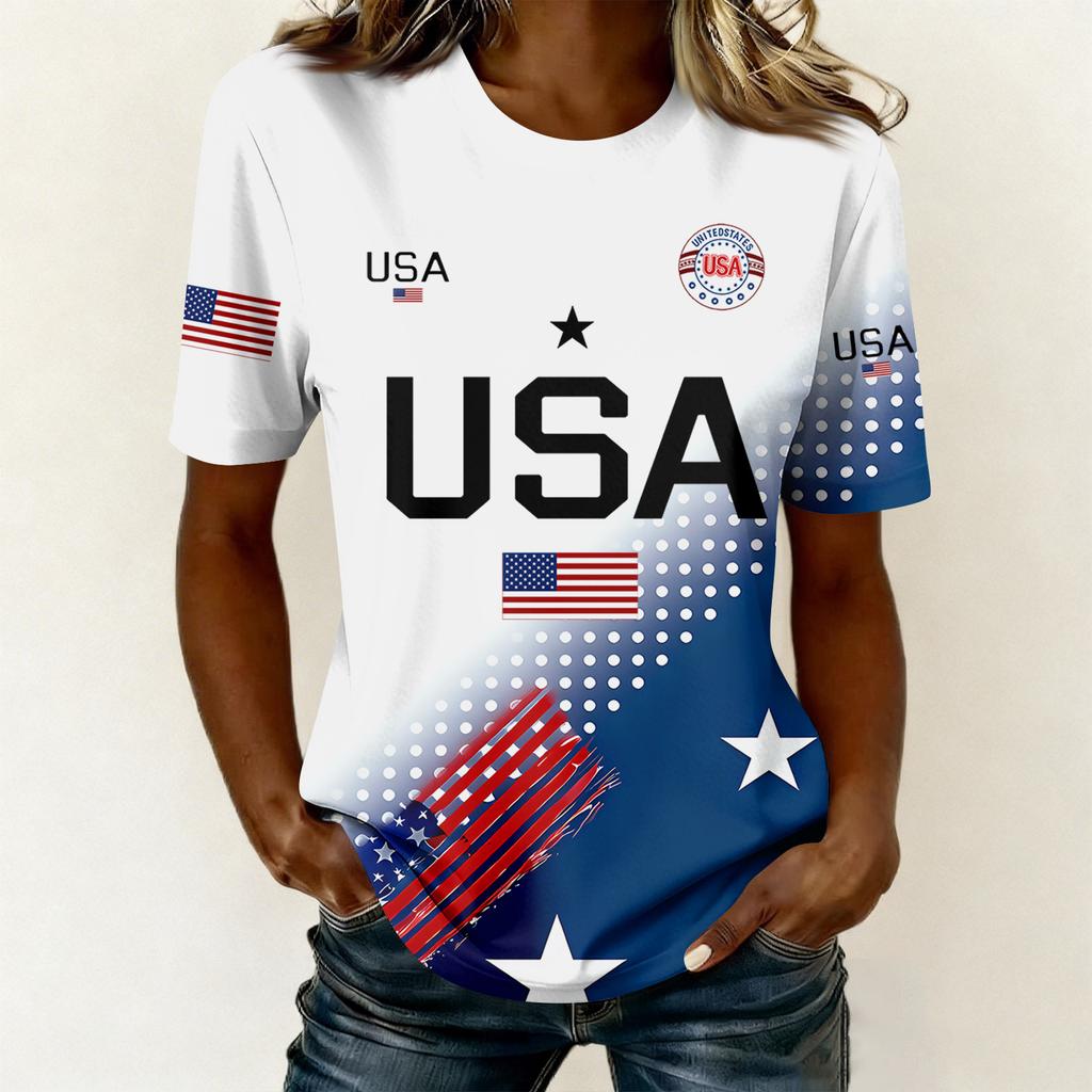 Camiseta feminina casual estampada gola redonda pulôver manga curta top