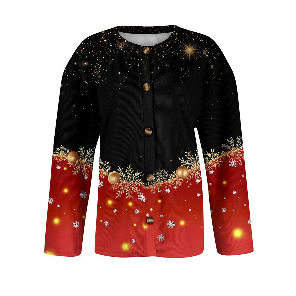 Cardigan a maglia da donna con stampa natalizia, manica lunga, bottoni sul davanti, per autunno e inverno
