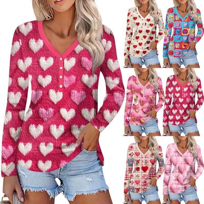 Dia dos Namorados Feminino Amor Coração Estampa Moda Casual Manga Longa Decote em V Botão Pescoço Top
