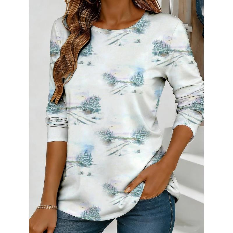 Women's Colorful Floral and Butterfly Print Long-sleeved Loose-fitting Round Neck Top, Casual Everyday Style