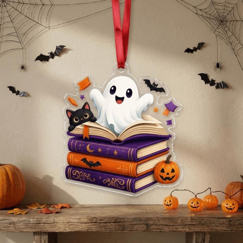Acrylic Reading Ghost Pendant 2D Flat Halloween Bag Charm Halloween Ghost Ornaments Halloween