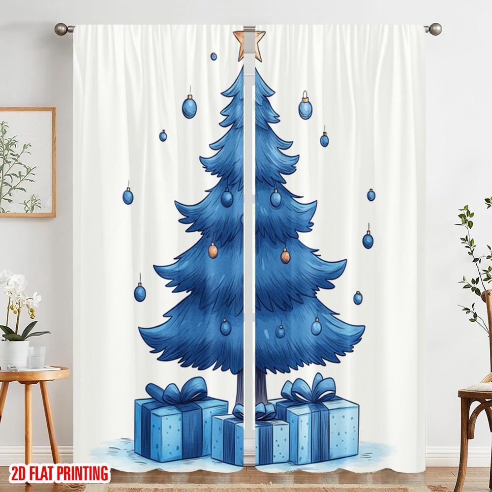 2pcs,2D Plane Printing Print Curtains Blue Christmas Tree Gifts Versatile Durable Polyester (without Rod) Festive Use for Living