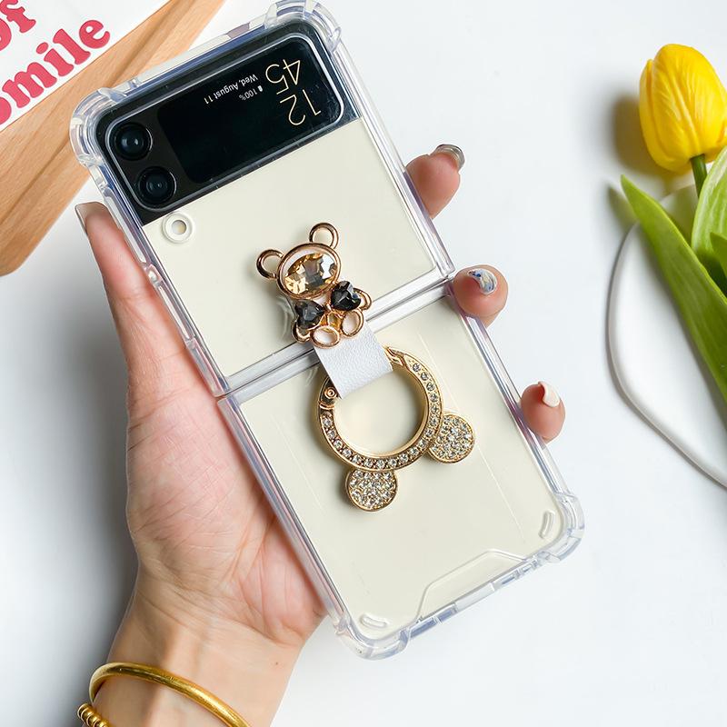 For Samsung ZFlip6 Airbag Anti-fall Flip Folding Screen Mobile Phone Case Rhinestone Bear 7 Transparent Simple Ring Ins