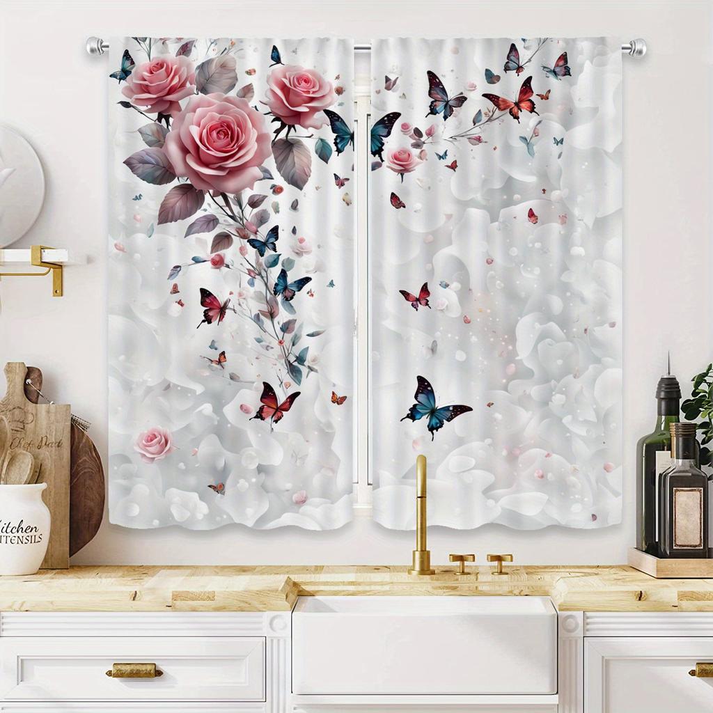 2PC Pink & Blue Rose Butterfly Sheer Curtains – HD Digital Print   Pocket Rod Top for Living Room & Bedroom – Home Decor Set