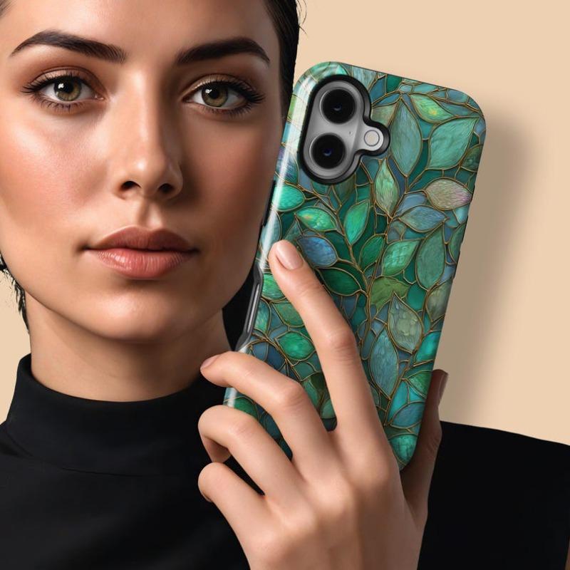 Green Stained Glass Leaf Phone Case Leaves  Plants Mosaic Phone Cover Fit for iPhone 17 Air 16 15 14 13 12 Pro Max Plus 2 In 1