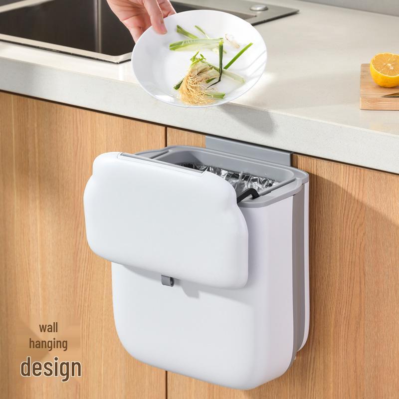 Folding Kitchen Trash Can - Cabinet Door Hanging & Wall-Mounted with Sliding Lid for Household Waste Storage and Hygiene