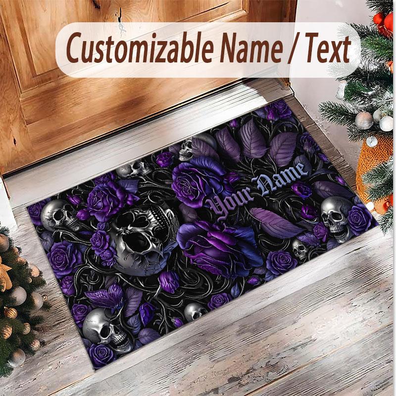 Totenkopf Gothic Thema Weicher Kristall-Samt Teppich Benutzerdefinierter Name & Text Druck Rutschfester Boden Teppich für Schlafzimmer Wohnzimmer