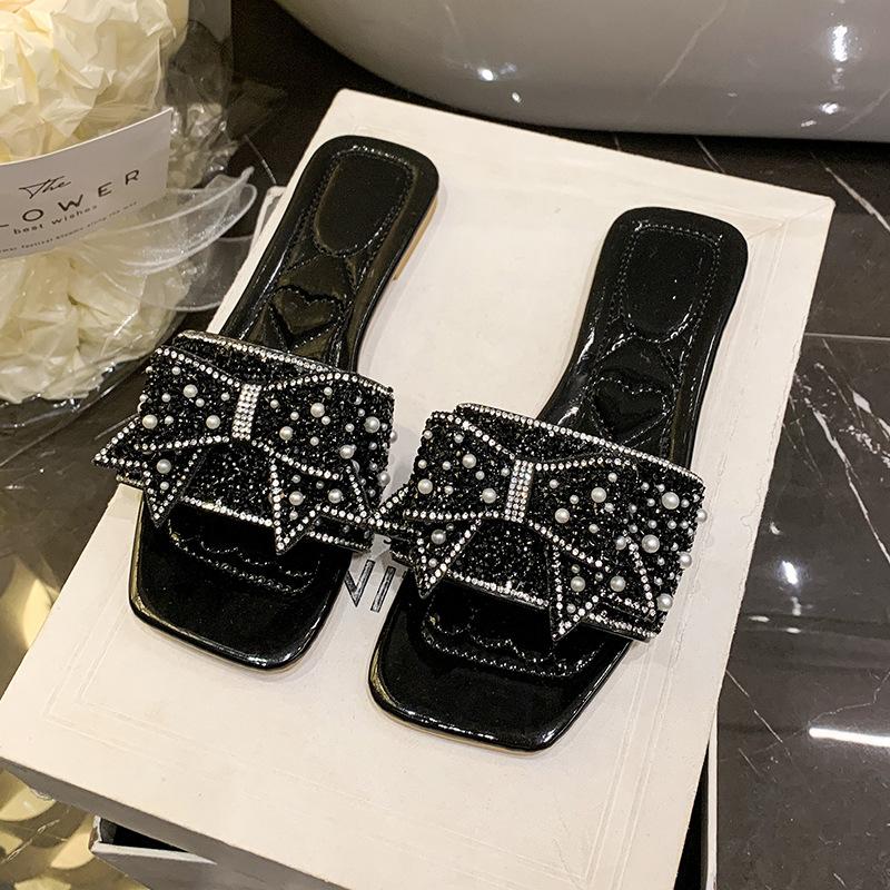 Vackra tofflor med fyrkantig tå för damer, ytterplagg 2025 sommarmode, mångsidig rosettpärla, svala tofflor, damskor
