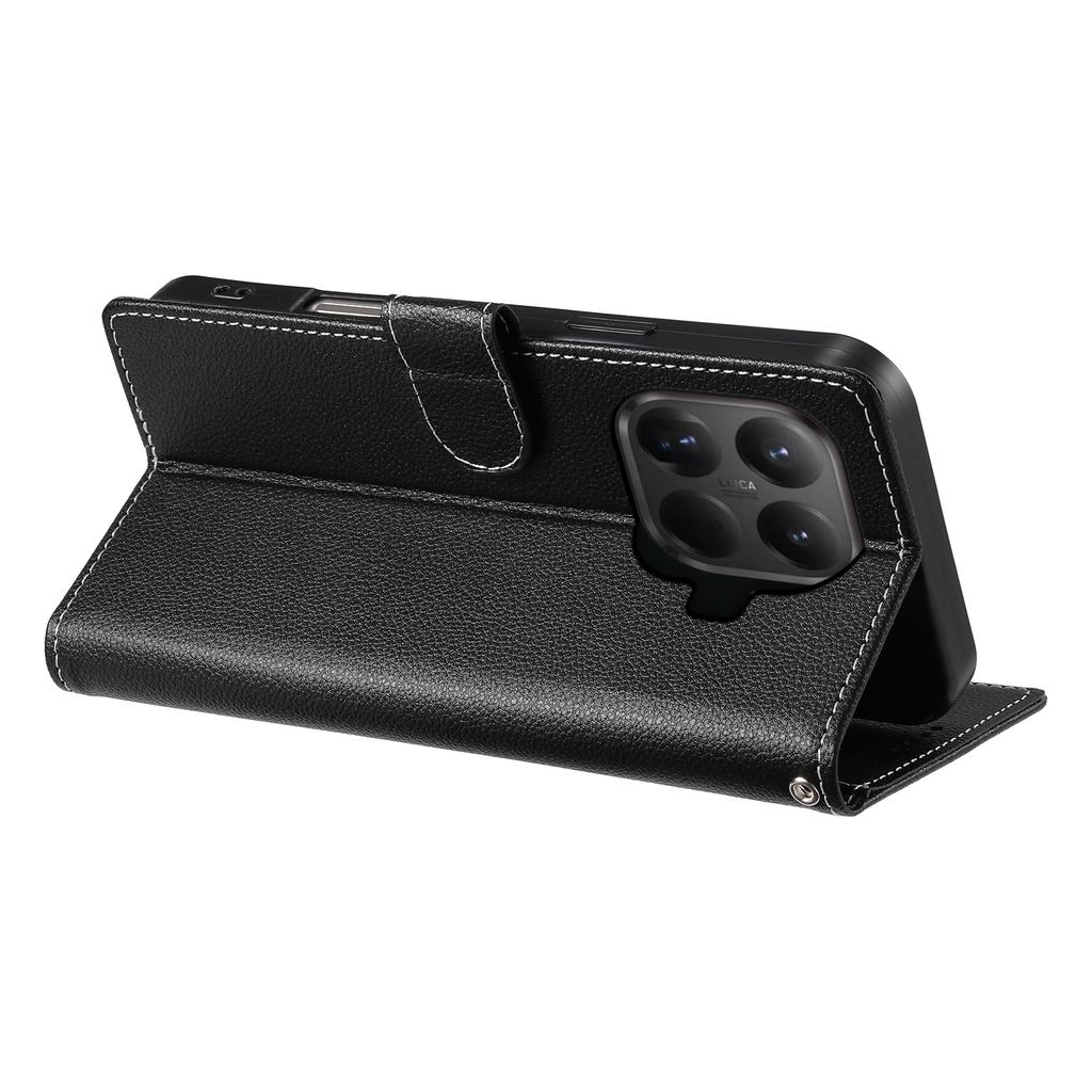 For Xiaomi 15T Pro Case Magnetic Snap Litchi Texture Leather Wallet Phone Cover with Wrist Strap