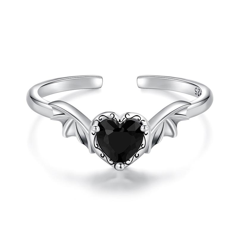 

WOSTU 925 Silver Black Heart Zircon Open Ring For Womem Retro Devil Wing Rings Punk Jewelry Girl Party Birthday Gift