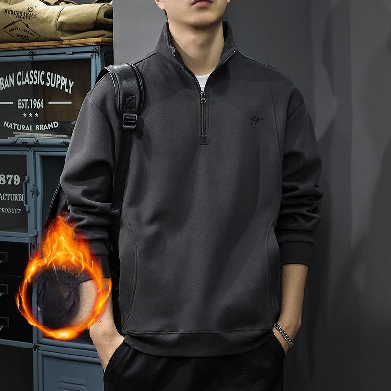 Autumn Heavy Fleece Stand-Up Neck Men'S Sweater American Retro Polo Shirt Loose Semi-Zipper Pullover Jacket