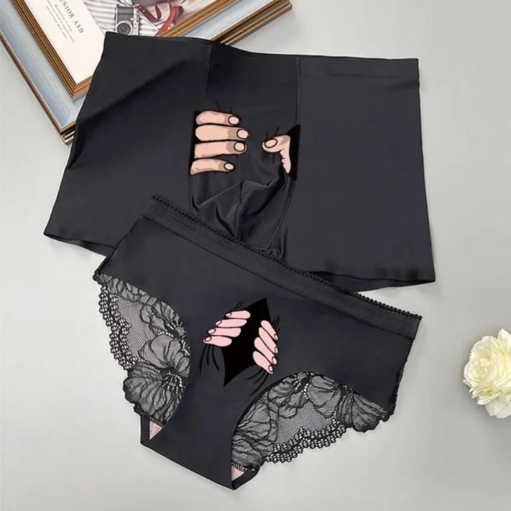 

Panties Women Men Ice Silk Couple Underwear Set Seamless Black Lace Design Cartoon Printed Lingerie Anniversary Romantic Gift One Size&2pcs
