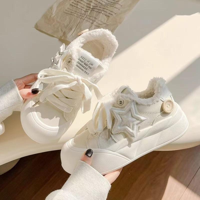 

Niche Star бархатные туфли для доски женские 2024 осень-зима новые студенческие универсальные туфли на платформе белые хлопковые 40