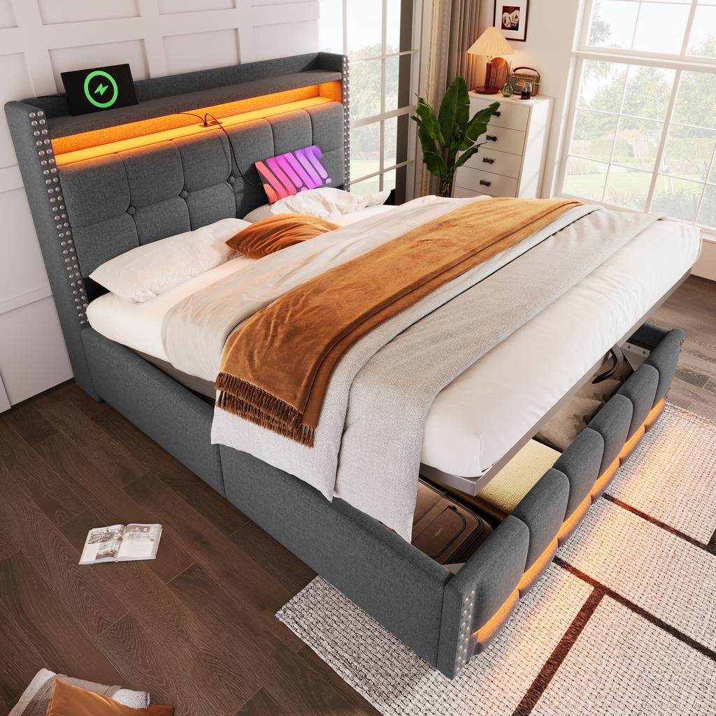 Upholstered Bed 140*200cm with LED Lighting and USB Socket, Headboard with Shelves and Storage, With Hydraulic Storage, Double Bed, Linen Fabric Grey