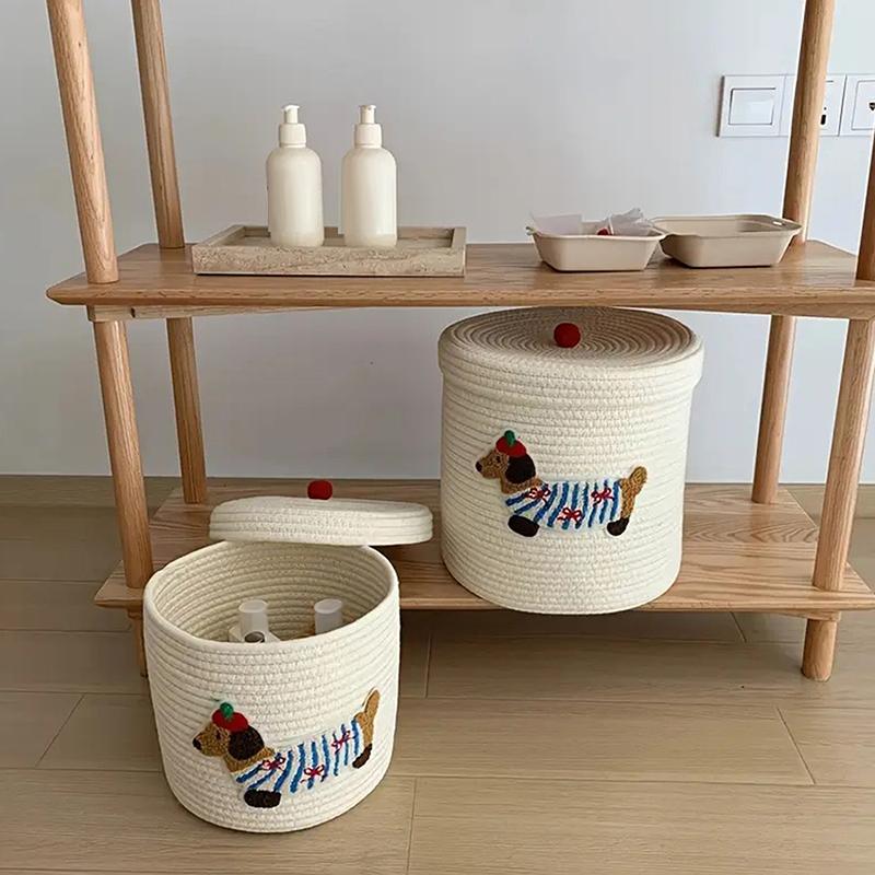 Cute Puppy Storage Basket Woven Cotton Rope Frame Large Capacity With Lid Dustproof Storage Bucket Desktop Dustproof
