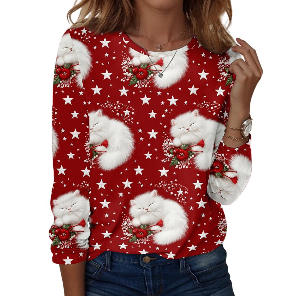 Women's Fashion Casual Long Sleeve Christmas Print Neck Top for Holiday