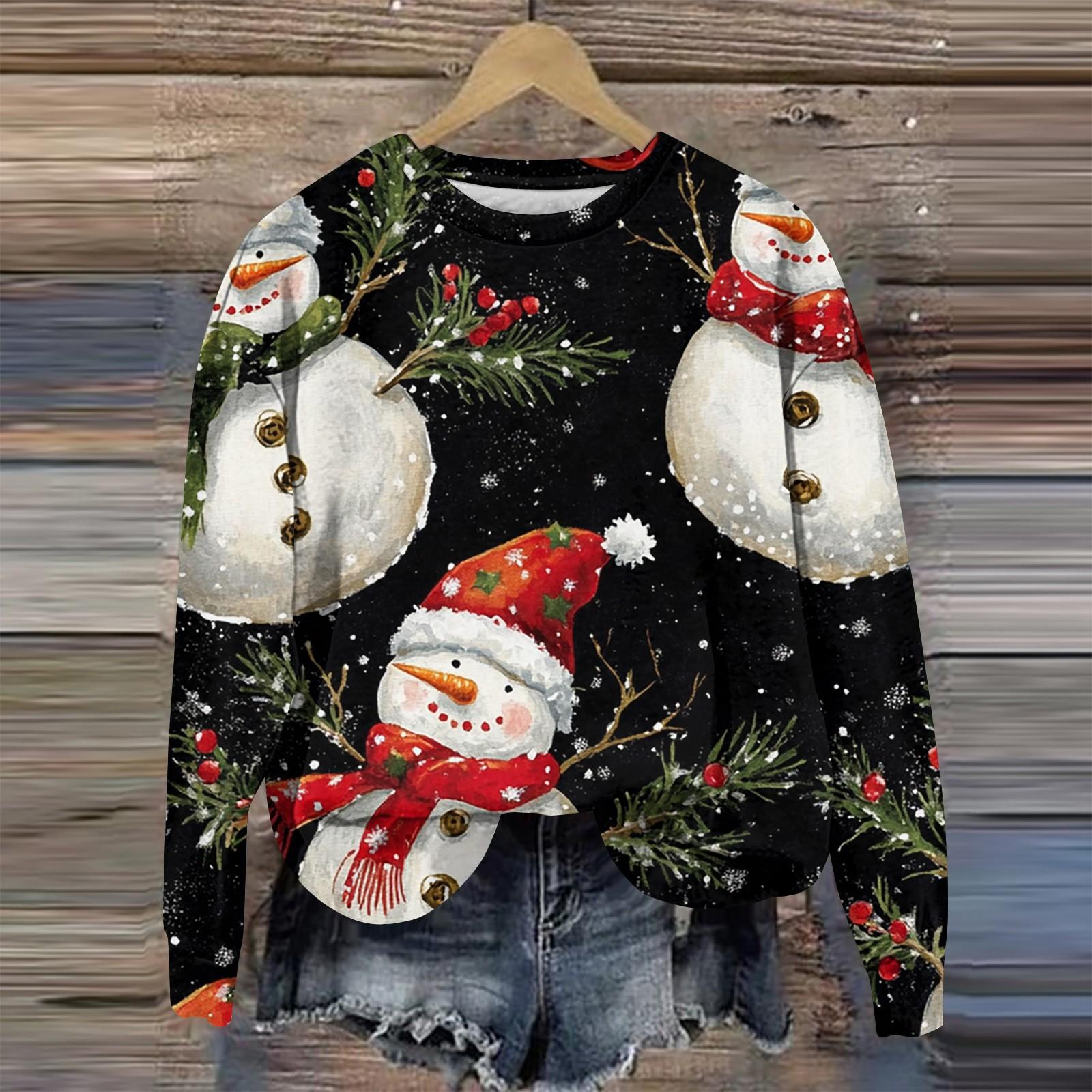 Женская мода круглый вырез пуловер длинный рукав футболка рождественский принт топ M — фото 9