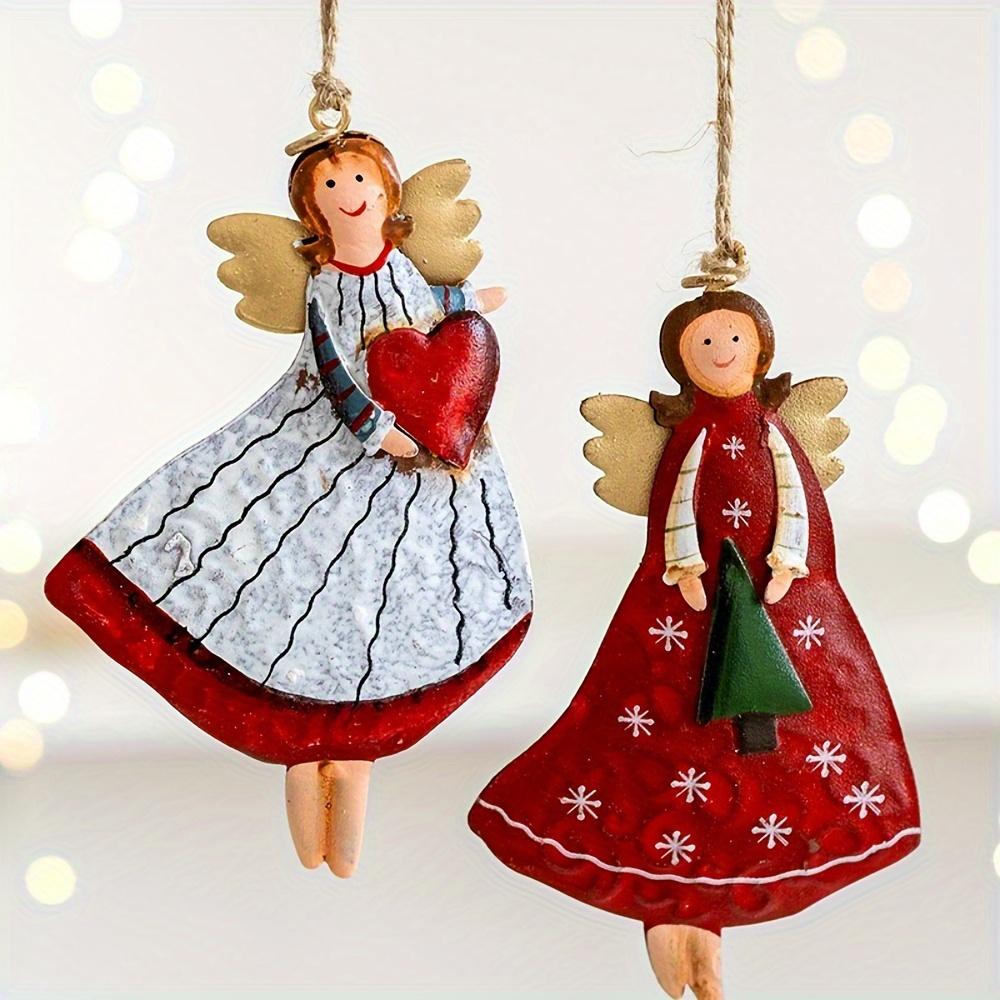 Set of 4 Vintage Angel Hanging Decorations – Fantasy Wooden Xmas Tree Decor, Lightweight, No Power Needed