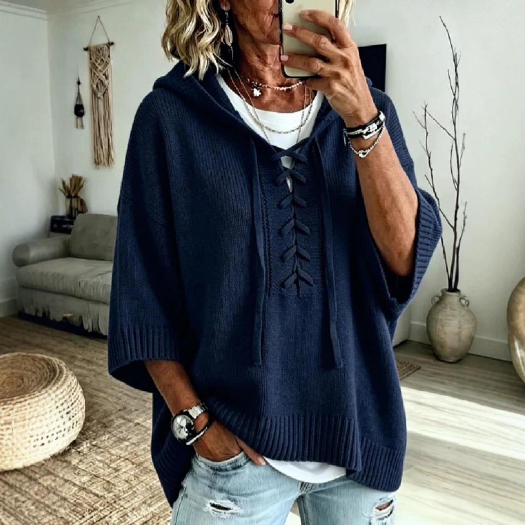 Europe & America Solid Color Hooded Sweater - Autumn 2026, Loose Knit Top with Drawstring for Women
