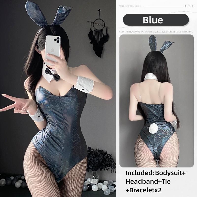 Bunny Girl Cosplay Woman Sexy Lingerie PU Faux Leather Bodysuit with Tie Headband Set Kawaii Rabbit Suit Porno Exotic Costume