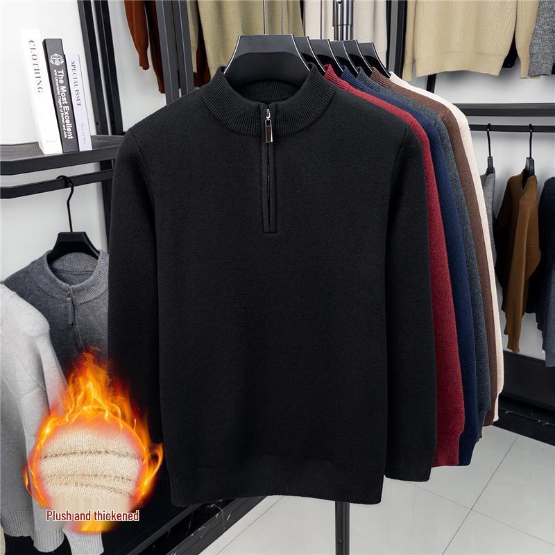 Men’s Autumn/Winter Fleece-Lined Sweater: Half-Zip Collar, Wool-Blend, Plain Knit Base Layer Shirt 4XL